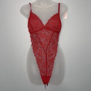 VICTORIA SECRET L STRAPPY TEDDY RED CORDED LACE ONE PIECE V STRING UNLINED NWT